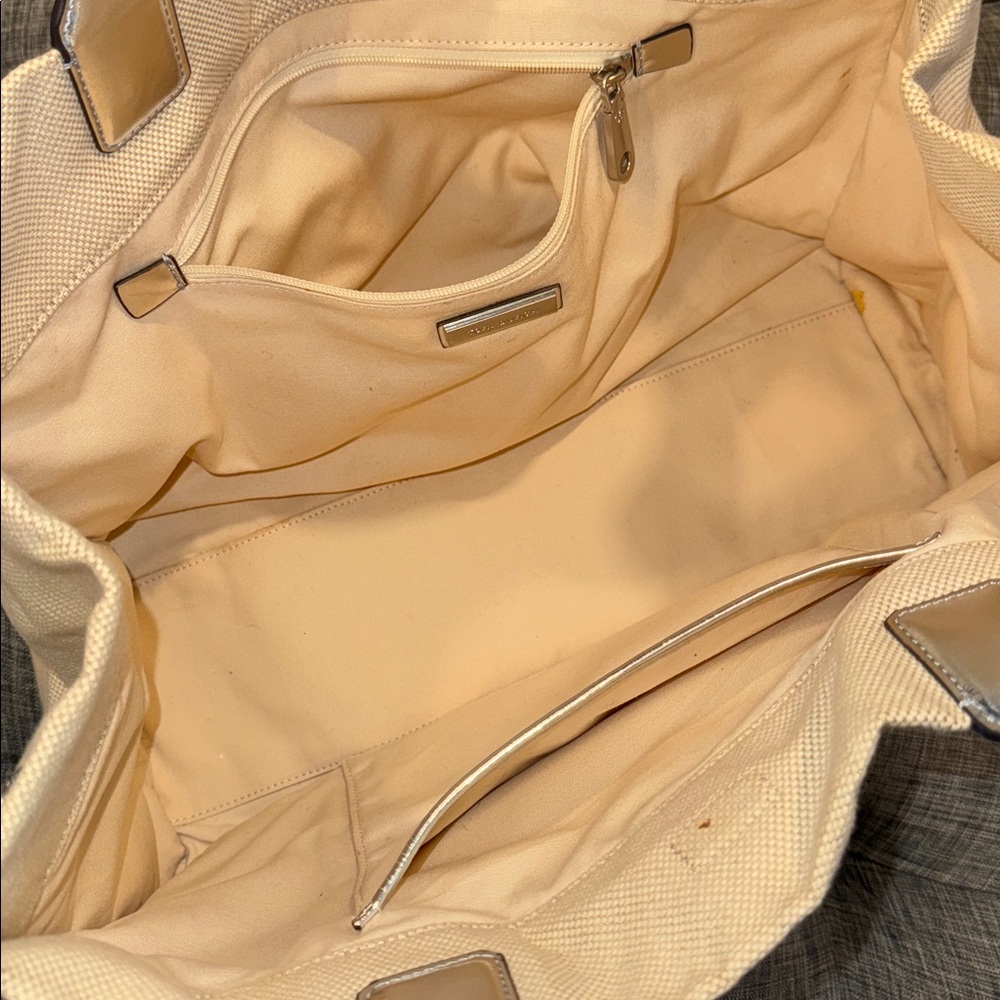 Tory Burch Tote Ella Canvas Silver Cream Logo Bag - Picture 16 of 17